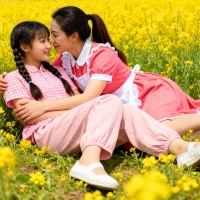 【布鞋币AI】两个女孩油菜花海里白一带布鞋相拥嬉戏73P